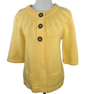 Jillian Nicole Cardigan Sweater Short Sleeve Yellow Medium Cable Knit Pockets